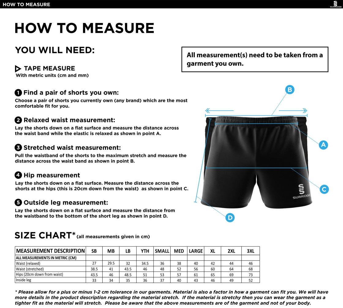 West Midlands Teaching Consortium Shorts - Size Guide