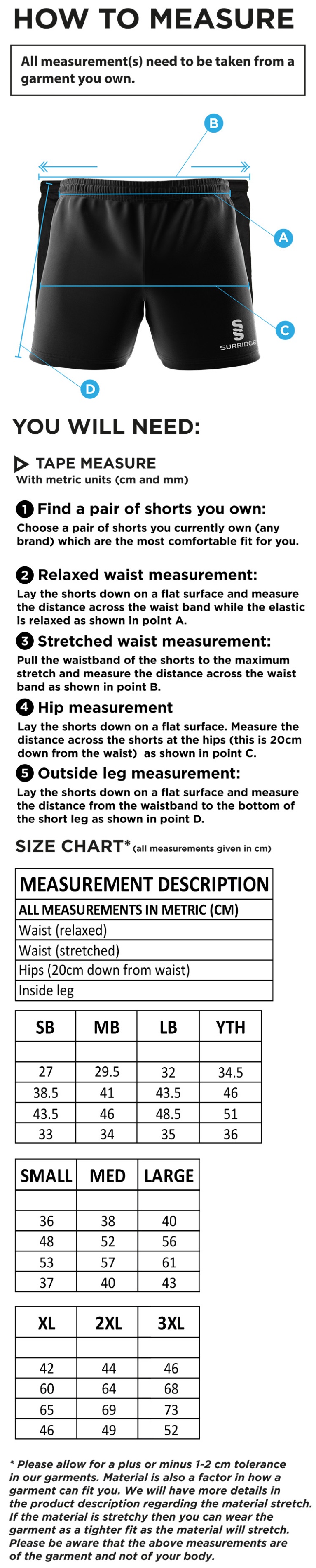 West Midlands Teaching Consortium Shorts - Size Guide