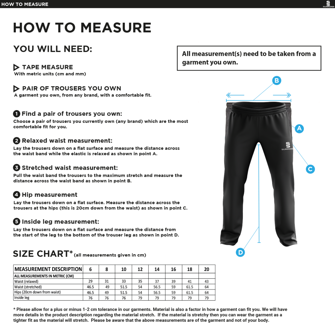 WEST MIDLANDS TEACHING CONSORTIUM POPLIN TRACK PANTS - Size Guide