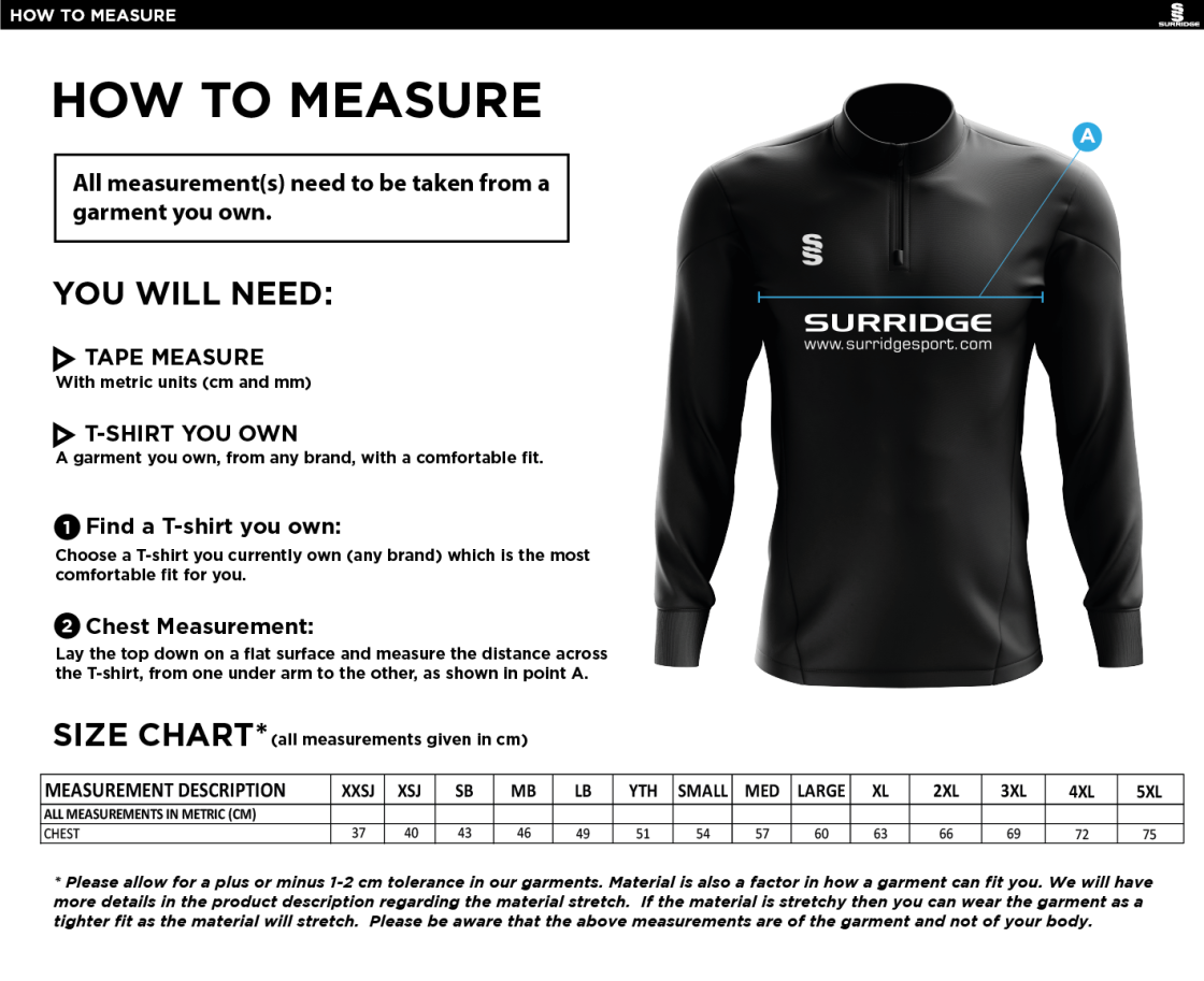 WEST MIDLANDS TEACHING CONSORTIUM BLADE 1/4 ZIP TOP - Size Guide