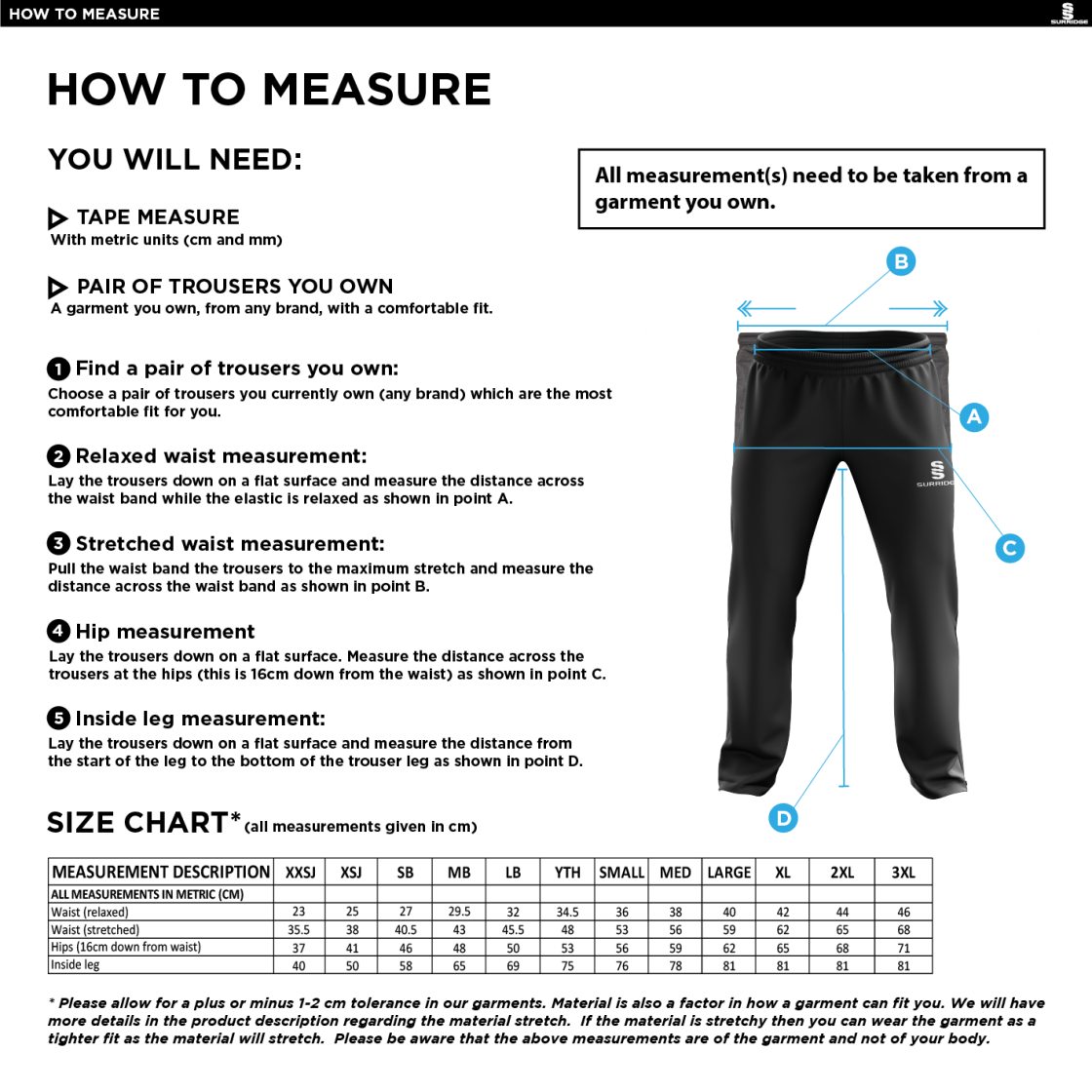 WEST MIDLANDS TEACHING CONSORTIUM POPLIN TRACK PANTS - Size Guide