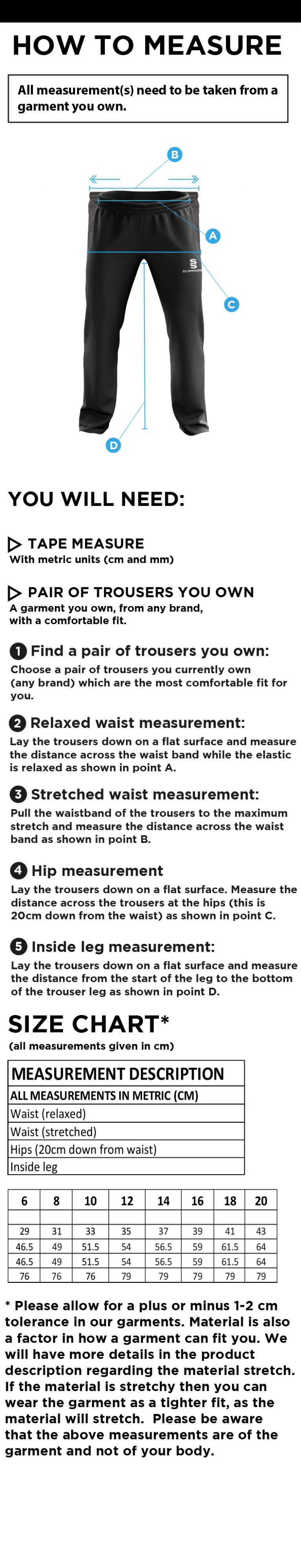 WEST MIDLANDS TEACHING CONSORTIUM POPLIN TRACK PANTS - Size Guide